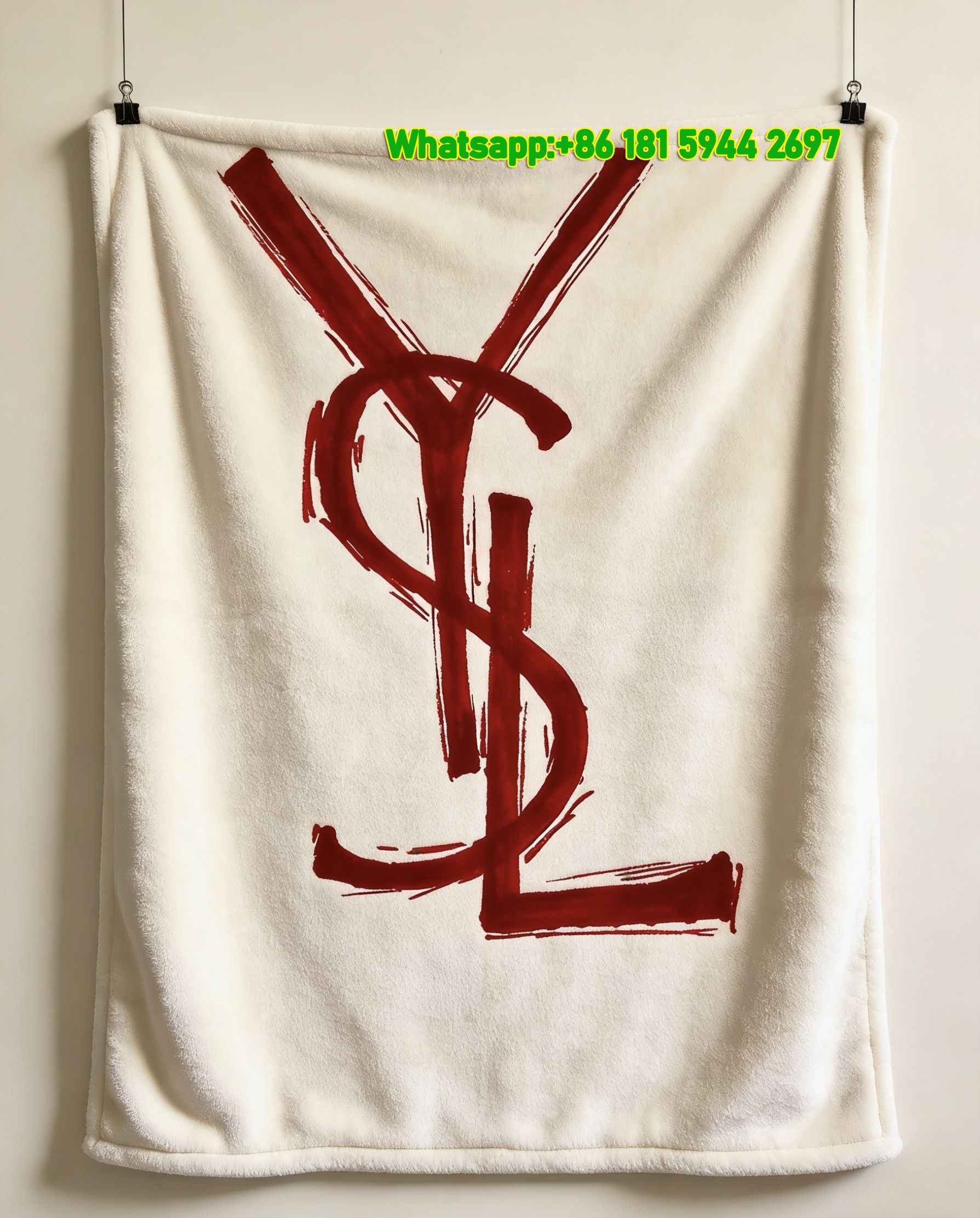 Yves Saint Laurent YSL Bold Red Brush Stroke Logo Print Flannel Sofa Throw Blanket Luxury Minimalist Decor Blanket IMG_3236